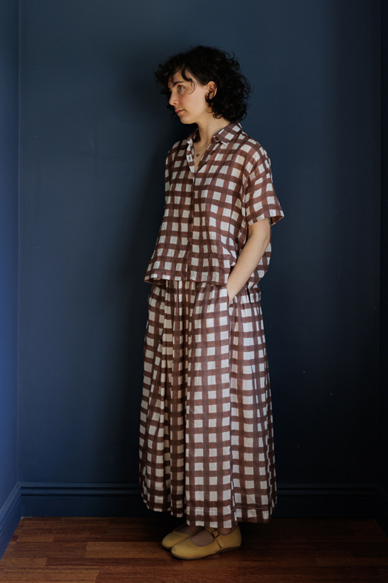 Easy Shirt-Brown Checks handwoven cotton top/shirt by World of Crow in brown for women in Singapore