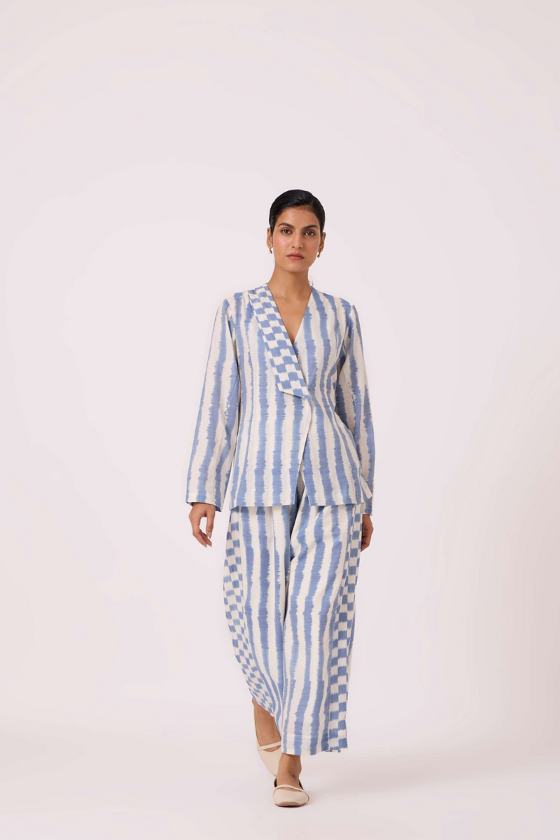 Dimtri Blue Striped Ikat Jacket cotton by The Summer House in blue color for women in Singapore