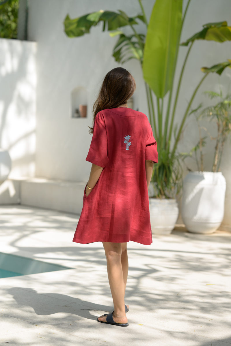 Sundown Palm Dress linen dress by Zanzibar Living in crimson red for women in Singapore
