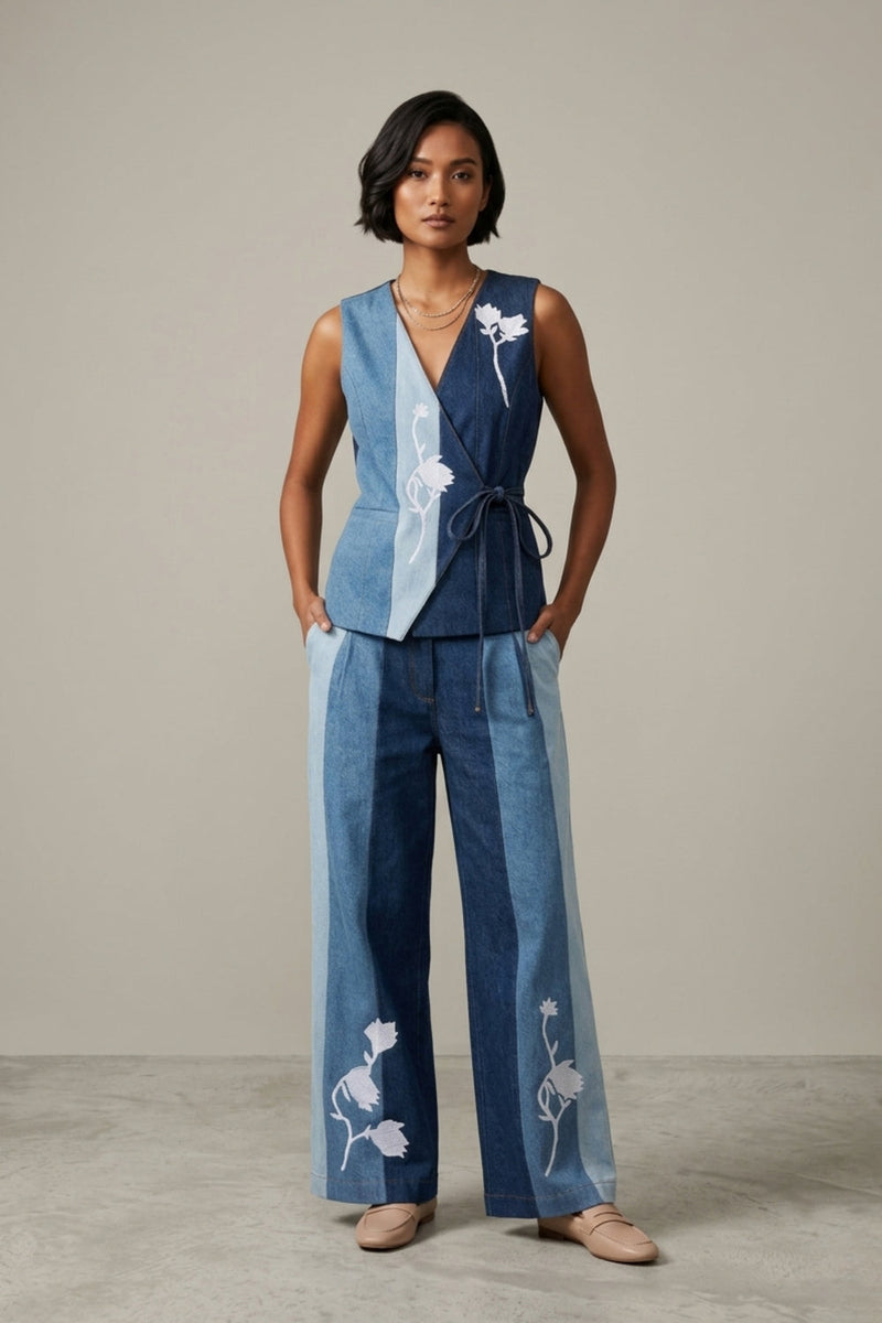 Ember Denim Panelled Pants denim pant/trouser by Doodlage in blue for women in Singapore