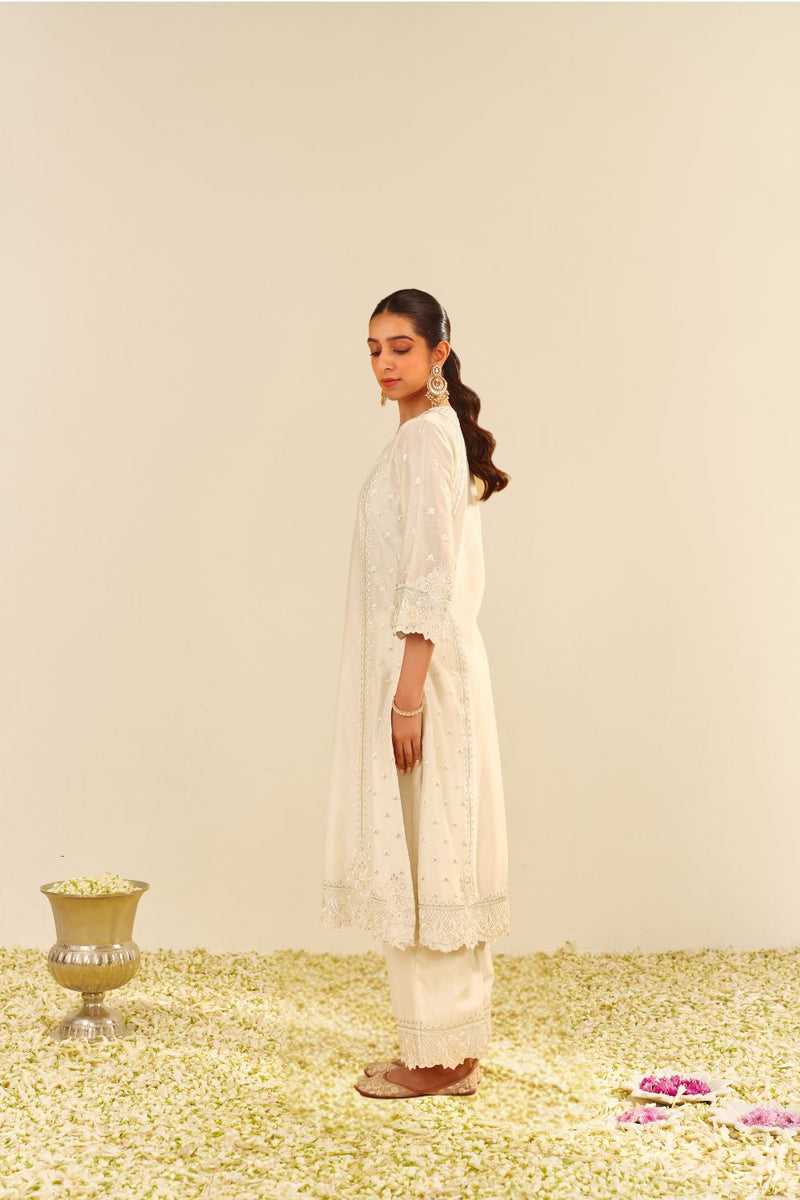 Sumaiya - A-Line Kurta With Palazzo And Dupatta-Daisy Ivory silk by SHEETAL BATRA in ivory color for women in Singapore
