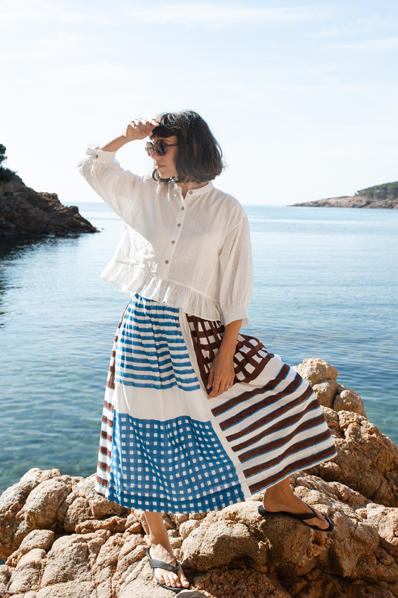 The Joy Skirt-Iconic Print Multi-Panel handwoven cotton skirt by World of Crow in multicolor for women in Singapore