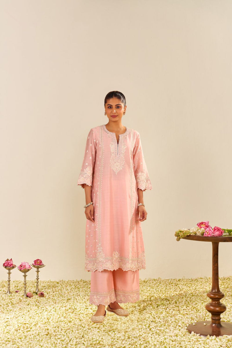 Sumaiya - A-Line Kurta With Palazzo And Dupatta-Blush Pink silk by SHEETAL BATRA in blush color for women in Singapore