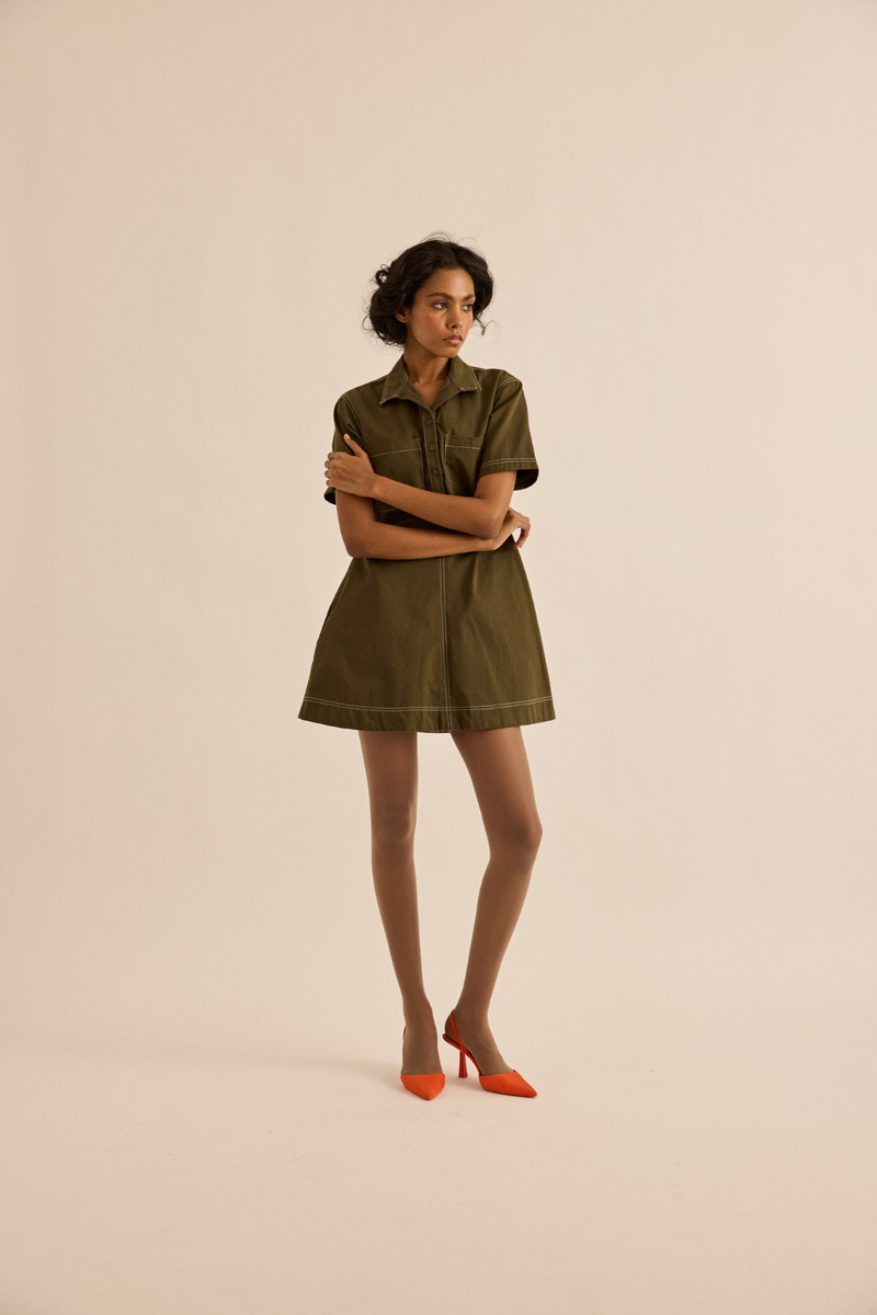 Chive Dress twill dress by Khara Kapas in olive for women in Singapore