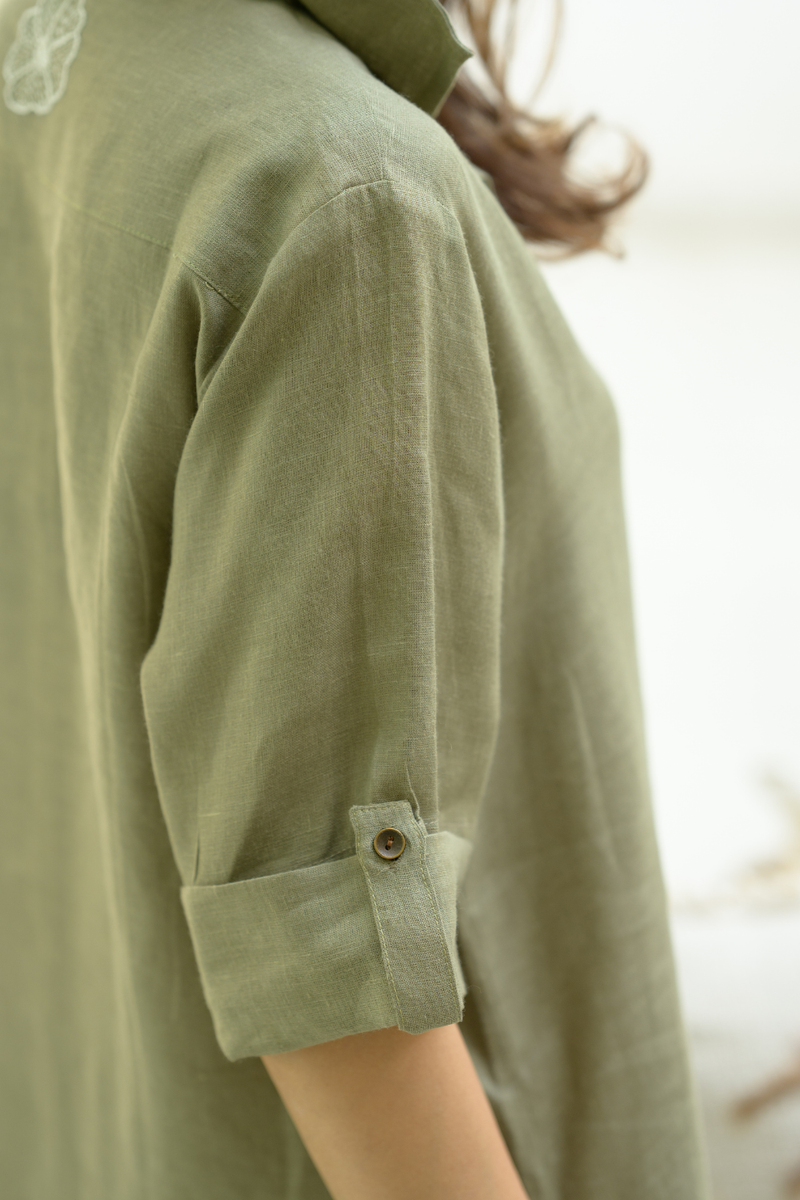 Khaki Shirt Dress linen dress by Zanzibar Living in multicolor for women in Singapore