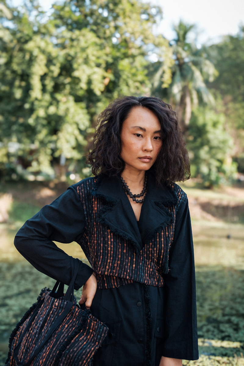 Upcycled Handwoven Copenhagen Trench - Black Copper cotton by The Terra Tribe in black color for women in Singapore