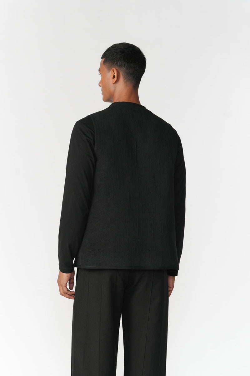 Reversible Linen-Chenille Vest jacket/overlay by Turn Black in black for men in Singapore