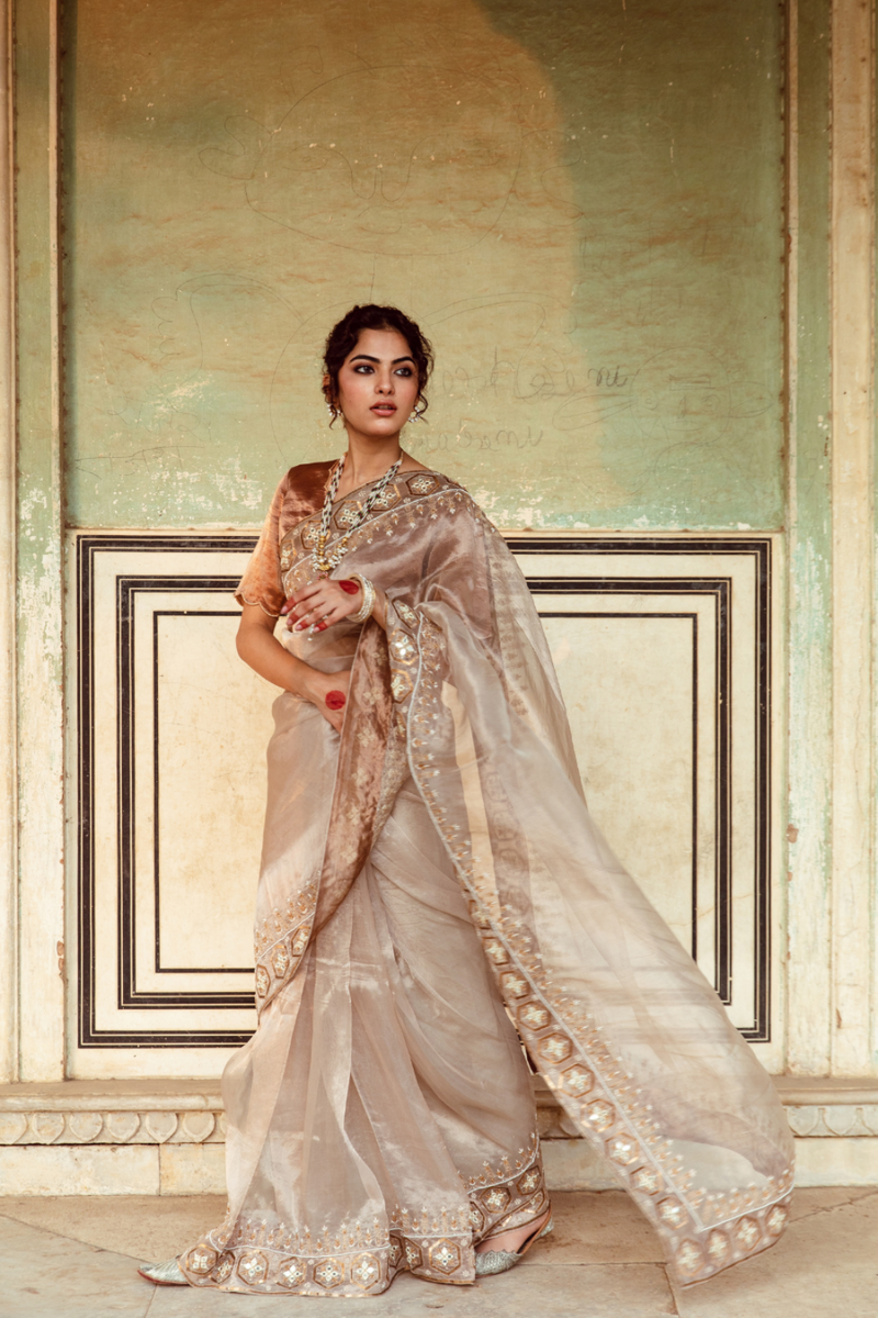Antique Silver Embroidered Tissue Silk Sari silk Buy Antique Silver Embroidered Tissue Silk Sari from C&W | Saree for Women by Maison Shefali in silver color for women in Singapore