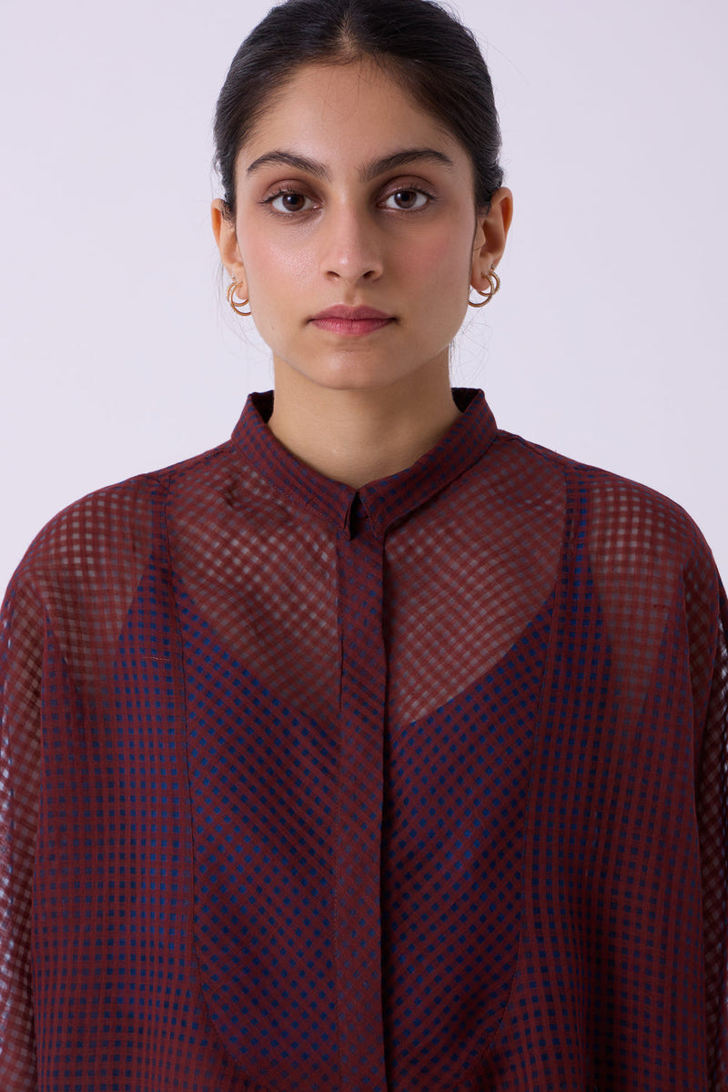 Zuri Blue Checkered HandwovenTop handwoven silk cotton top/shirt by The Summer House in blue for women in Singapore