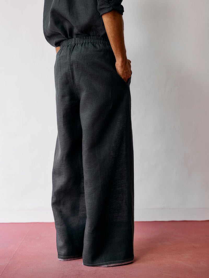 Rin Linen Pants-Charcoal linen pant/trouser by Manan Men in charcoal for men in Singapore