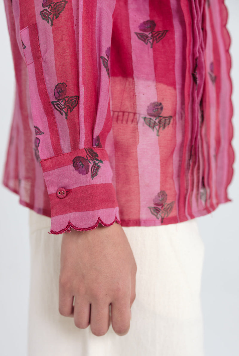 Spring Scallop Shirt mul chanderi top/shirt by JodiLife in red, pink for women in Singapore