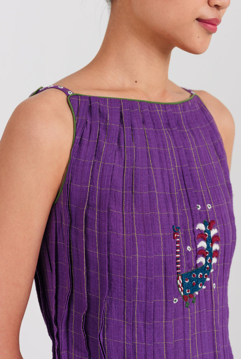 Drift Handloom Pleated Dress handwoven cotton dress by JodiLife in purple for women in Singapore