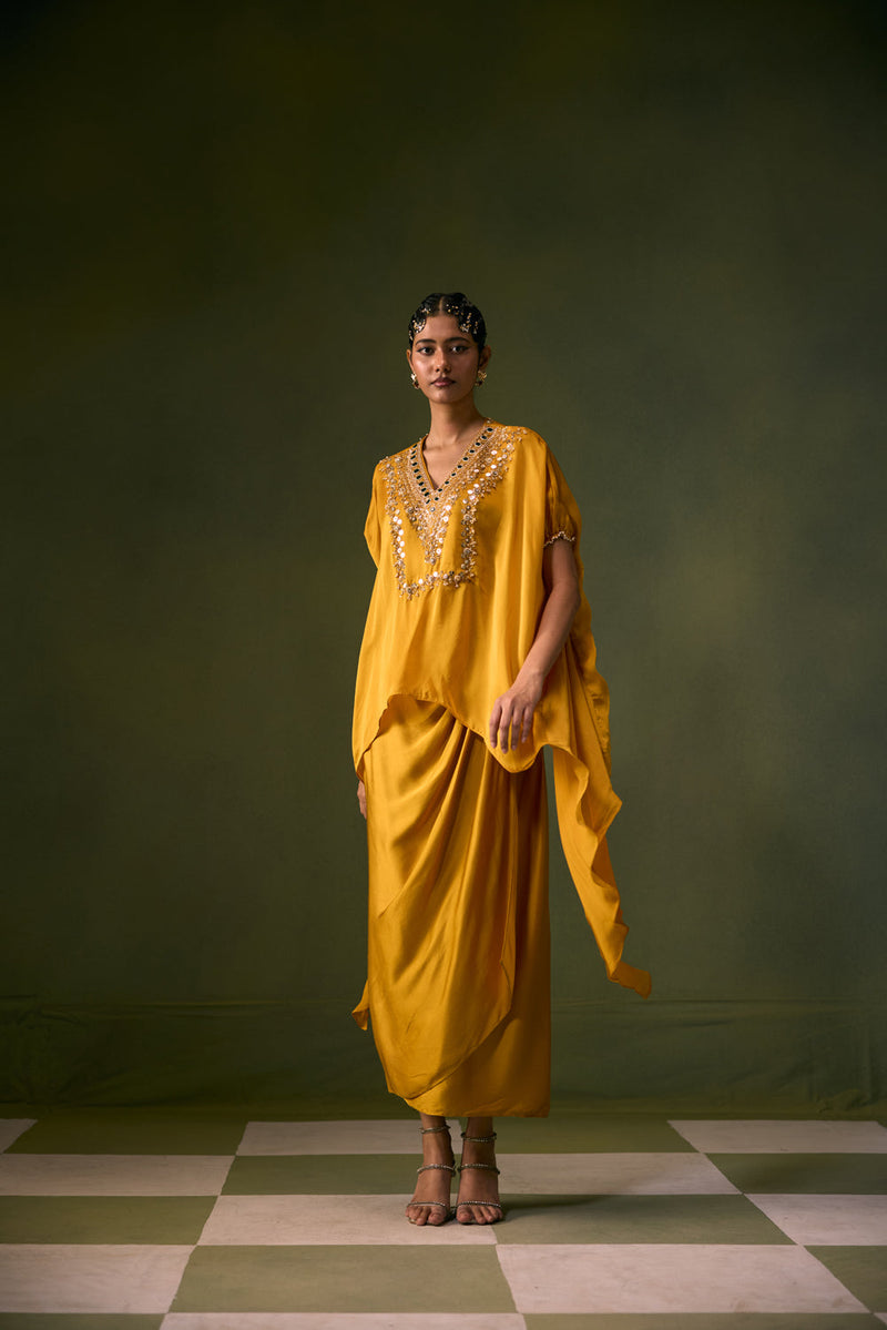 Cove Antifit Asymmetric Top with Wrap Skirt vegan satin, organza satin indo-western by PRAHNAAYA in musturd yellow for women in Singapore