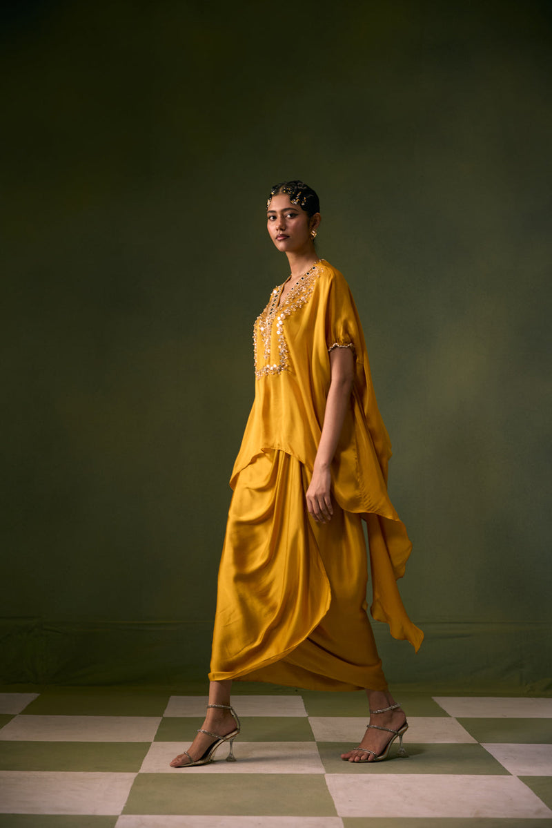 Cove Antifit Asymmetric Top with Wrap Skirt vegan satin, organza satin indo-western by PRAHNAAYA in musturd yellow for women in Singapore