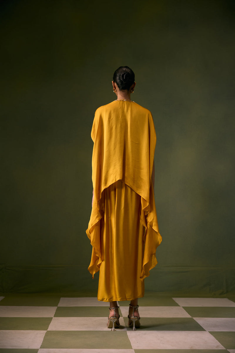 Cove Antifit Asymmetric Top with Wrap Skirt vegan satin, organza satin indo-western by PRAHNAAYA in musturd yellow for women in Singapore