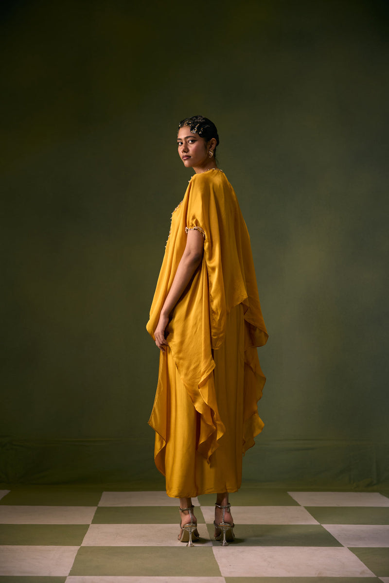 Cove Antifit Asymmetric Top with Wrap Skirt vegan satin, organza satin indo-western by PRAHNAAYA in musturd yellow for women in Singapore