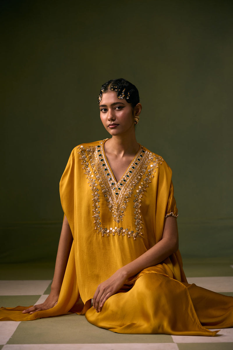 Cove Antifit Asymmetric Top with Wrap Skirt vegan satin, organza satin indo-western by PRAHNAAYA in musturd yellow for women in Singapore