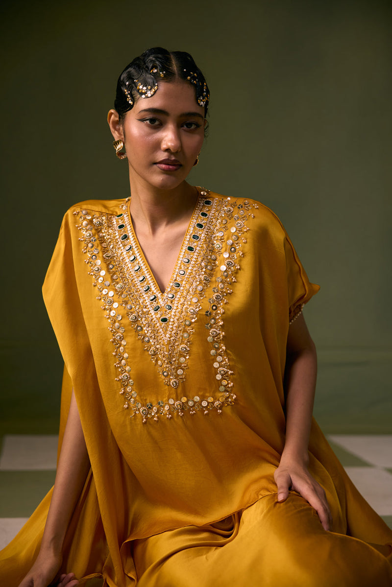 Cove Antifit Asymmetric Top with Wrap Skirt vegan satin, organza satin indo-western by PRAHNAAYA in musturd yellow for women in Singapore