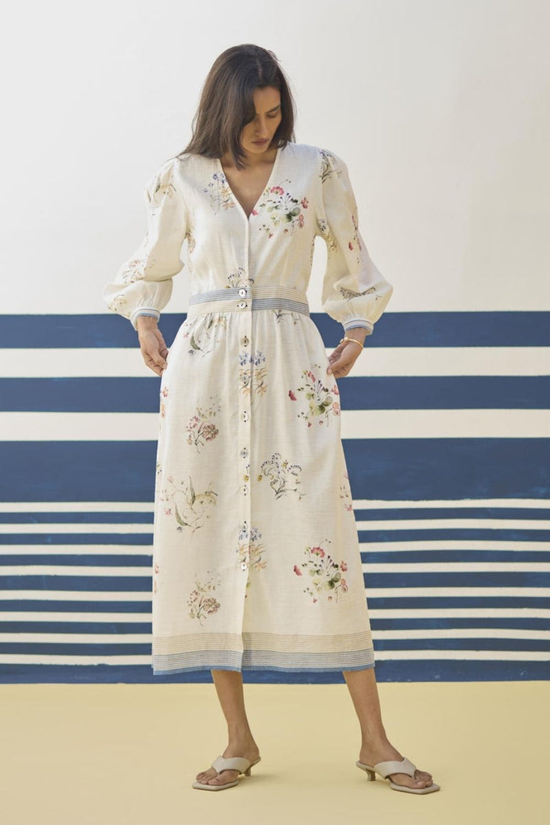 Greta Floral Linen Dress - Ivory linen by Manan in ivory color for women in Singapore