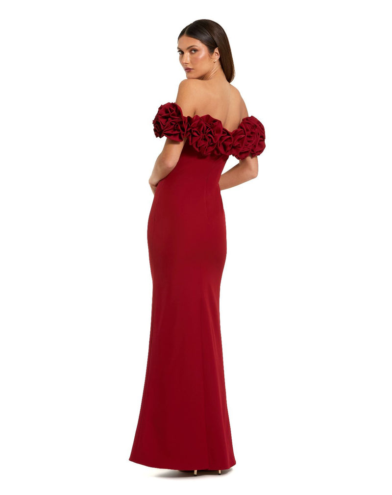 50042 - Red Crepe Off The Shoulder Column Gown With 3D Roses by Mac Duggal in red color for women in Singapore