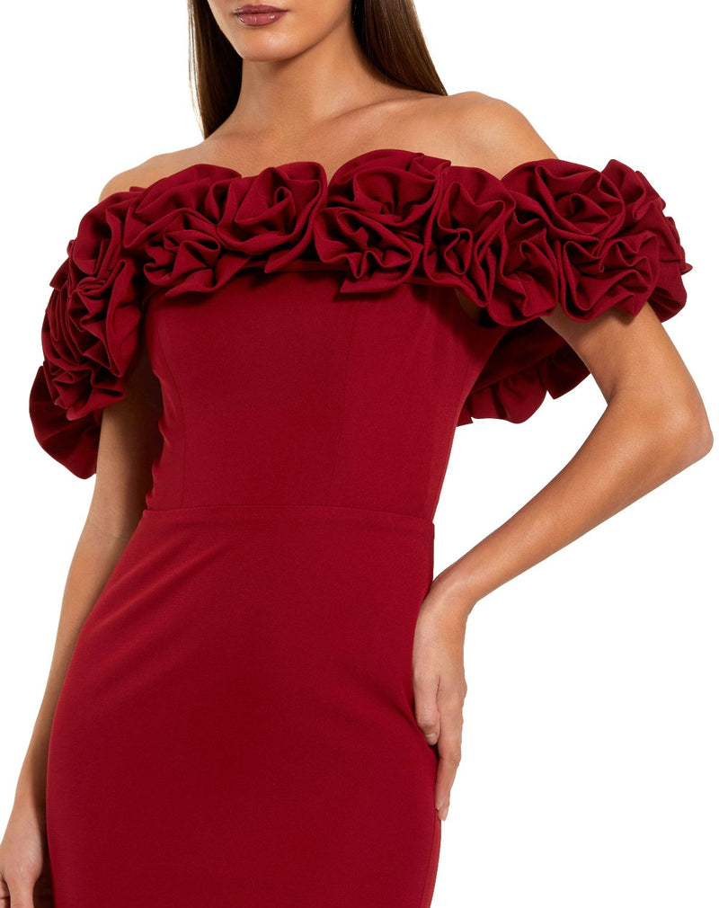 50042 - Red Crepe Off The Shoulder Column Gown With 3D Roses by Mac Duggal in red color for women in Singapore