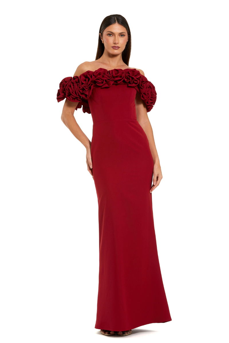 50042 - Red Crepe Off The Shoulder Column Gown With 3D Roses by Mac Duggal in red color for women in Singapore