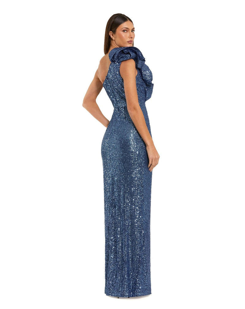 50093 - Blue One Shoulder Sequin Gown With Ruffle Detail by Mac Duggal in blue color for women in Singapore