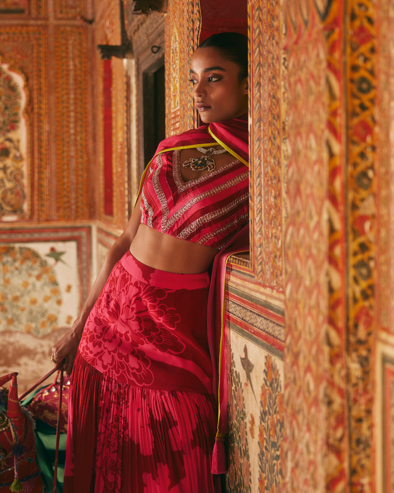 Khel Pink And Red Printed Lehenga mul by Rajiramniq in multi color for women in Singapore