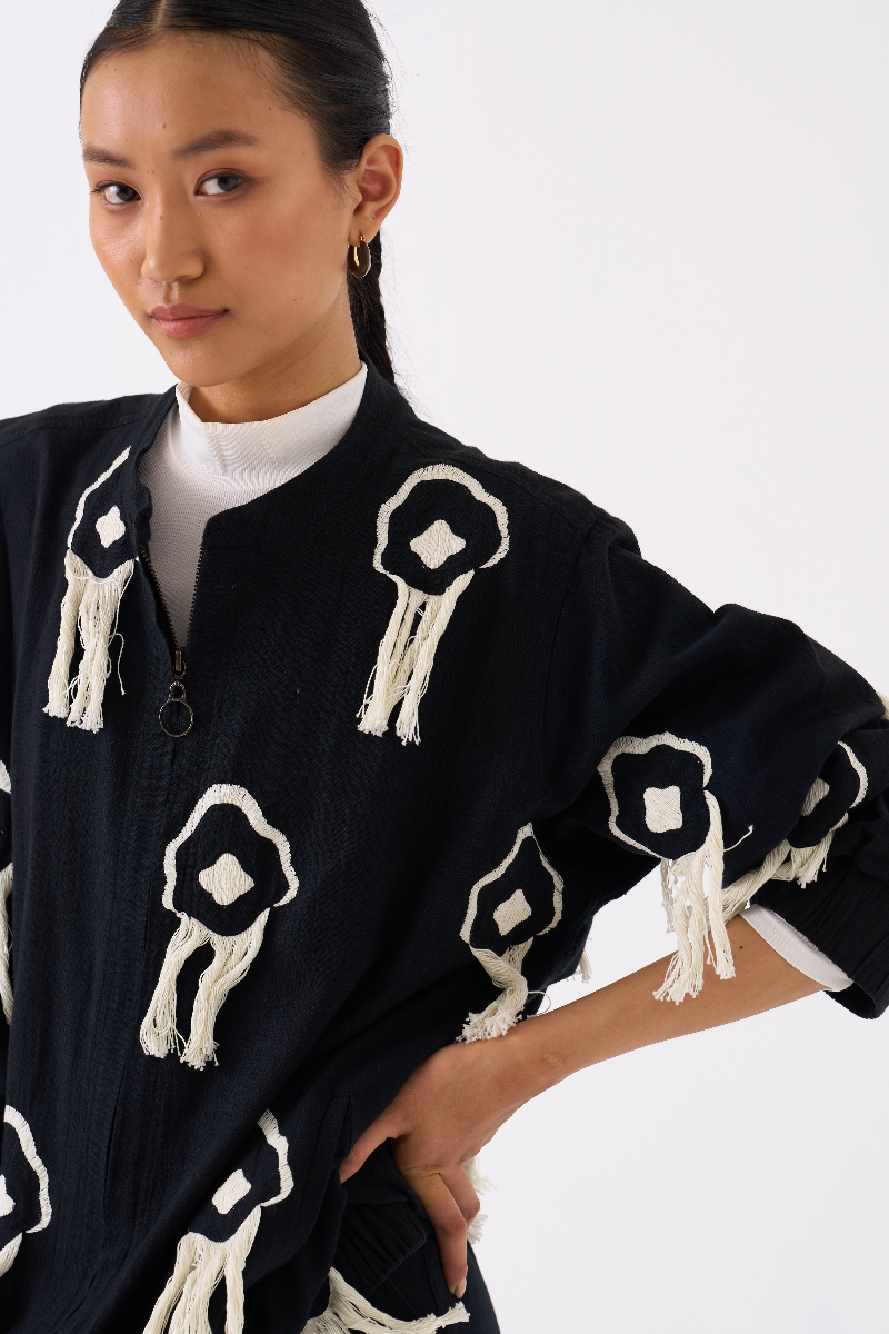 FRINGE BOMBER JACKET CO-ORD 
(SET OF 2)-BLACK by THREE in black color for women in Singapore