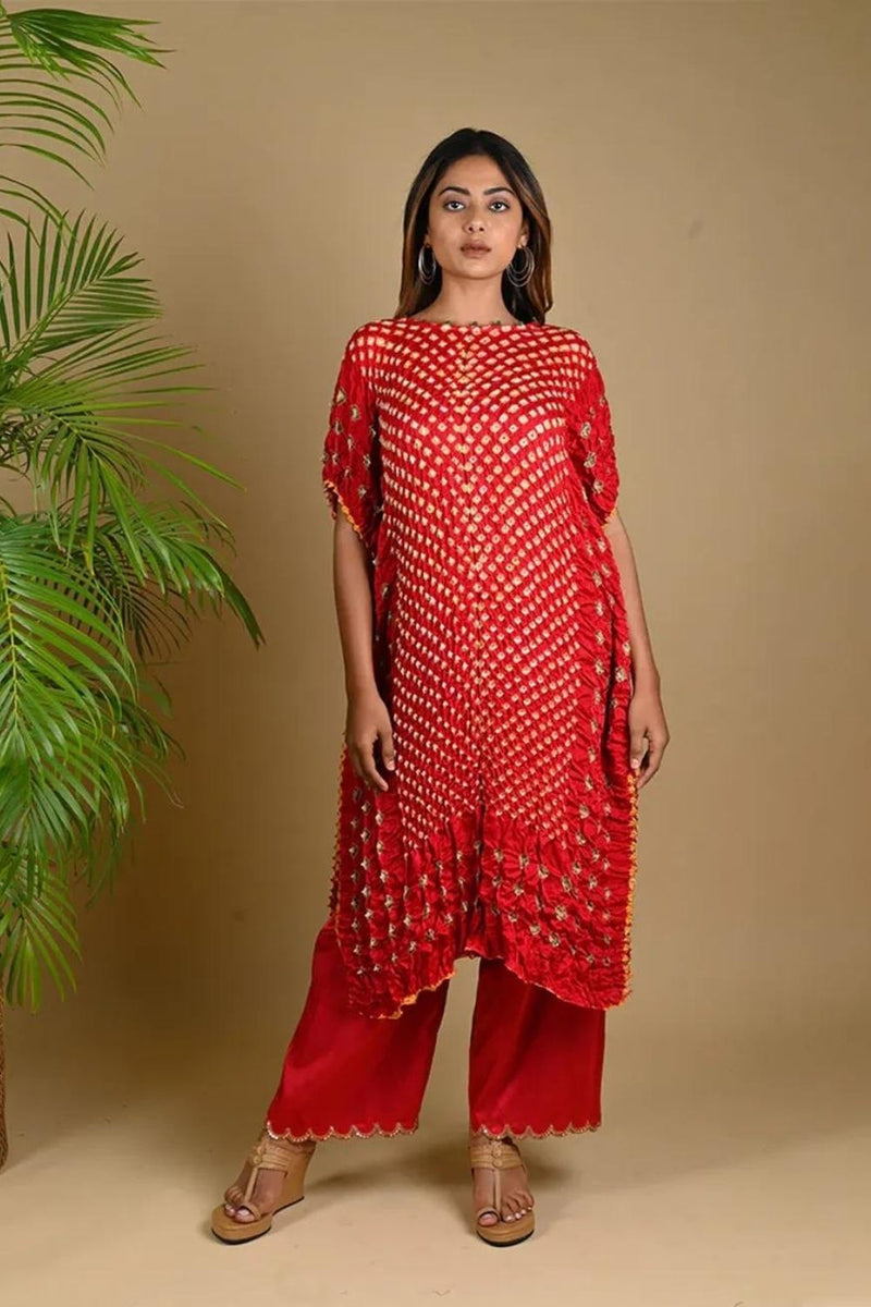 TRIPLE DOT KAFTAN-RED silk by Dyelogue in red color for women in Singapore