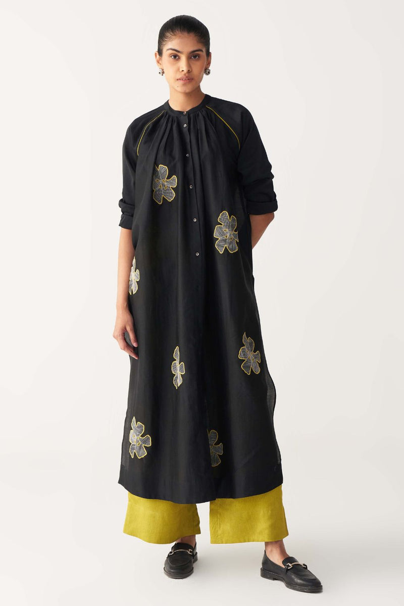 FLORAL EMB. GATHER NECK SHIRT-BLACK chanderi by THREE in black color for women in Singapore
