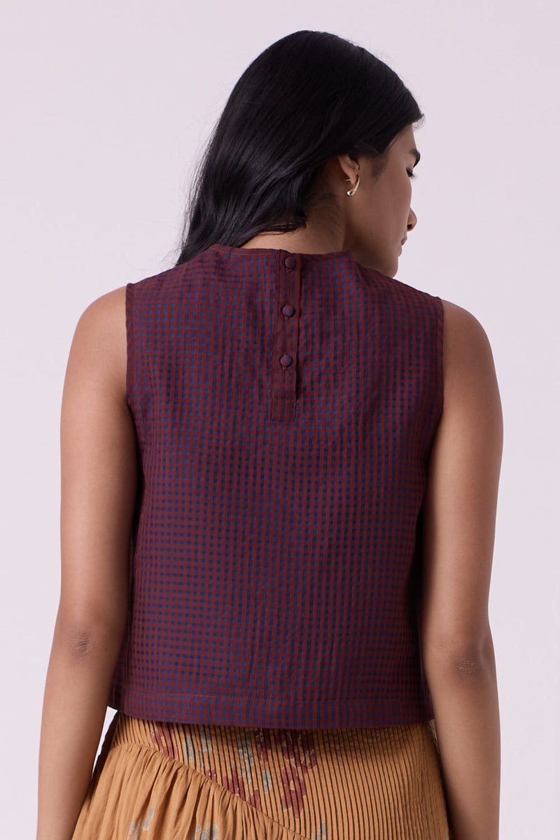 Ori Blue Checkered Handwoven Top handwoven silk cotton top/shirt by The Summer House in blue for women in Singapore