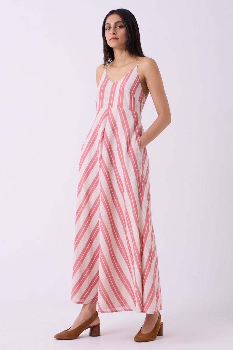 Ritsu Red Striped Handwoven Maxi Dress handwoven cotton dress by The Summer House in red for women in Singapore
