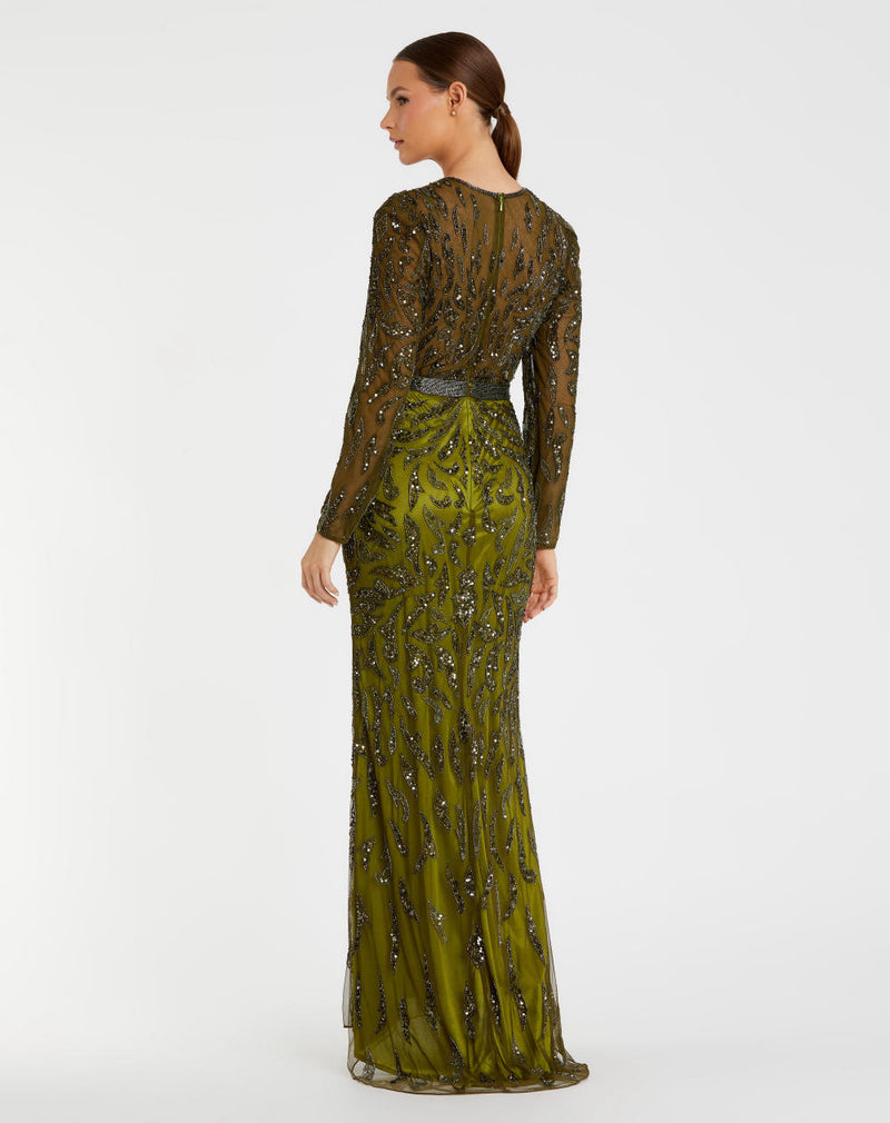 5124-Beaded Long Sleeve Evening Gown by Mac Duggal in olive color for women in Singapore