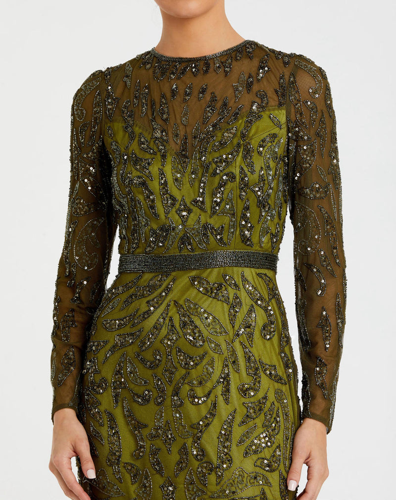 5124-Beaded Long Sleeve Evening Gown by Mac Duggal in olive color for women in Singapore