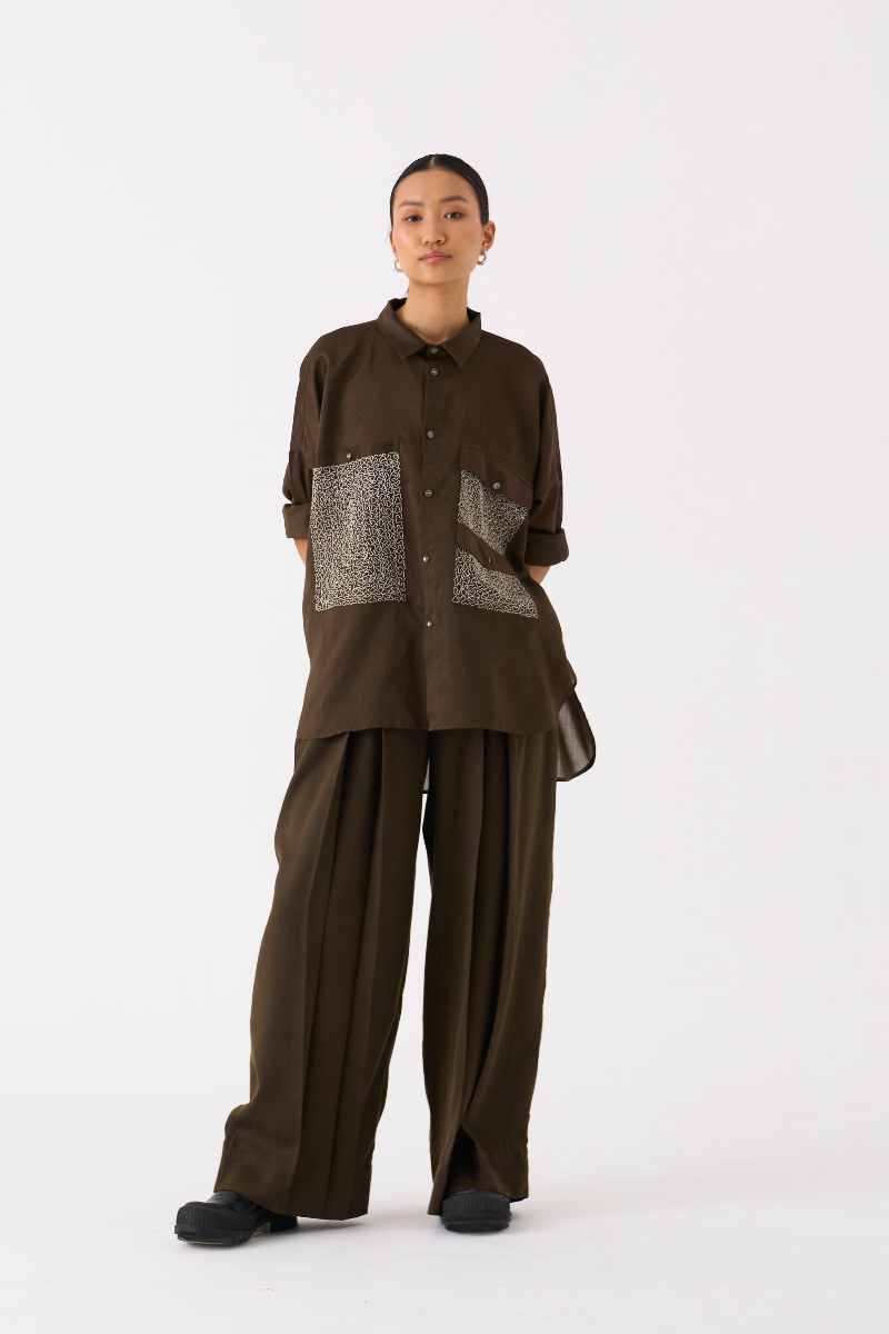 PATCH POCKET SHIRT CO-ORD
(SET OF 2)-DARK OLIVE poplin by THREE in olive color for women in Singapore