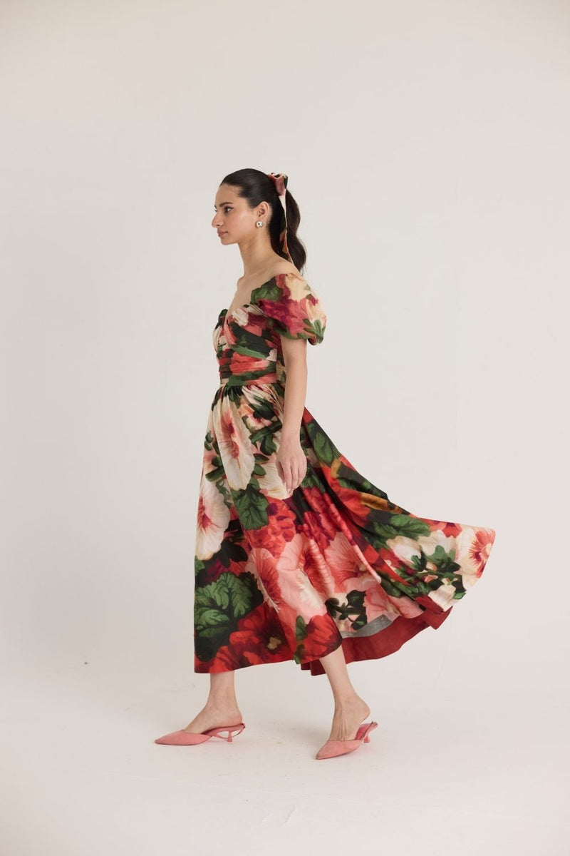 SCARLETT PUFF SLEEVE DRESS satin by Yam in multi color for women in Singapore