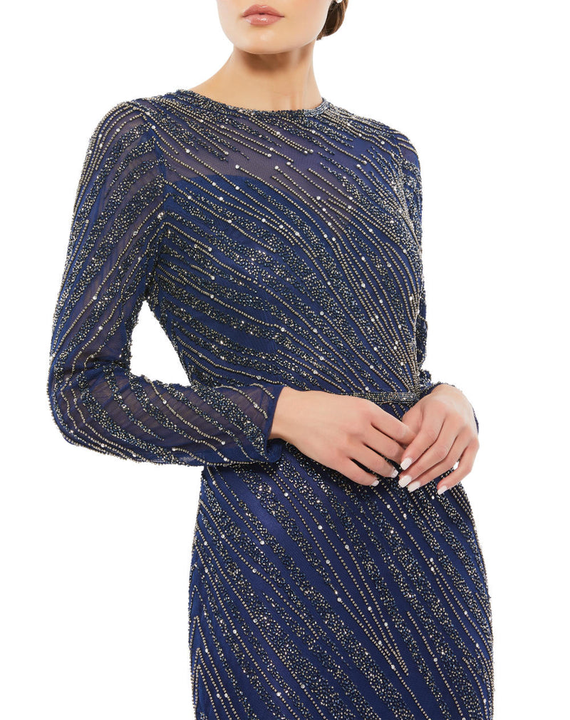 5240-Long Sleeve Beaded Column Gown (midnight) by Mac Duggal for women in Singapore