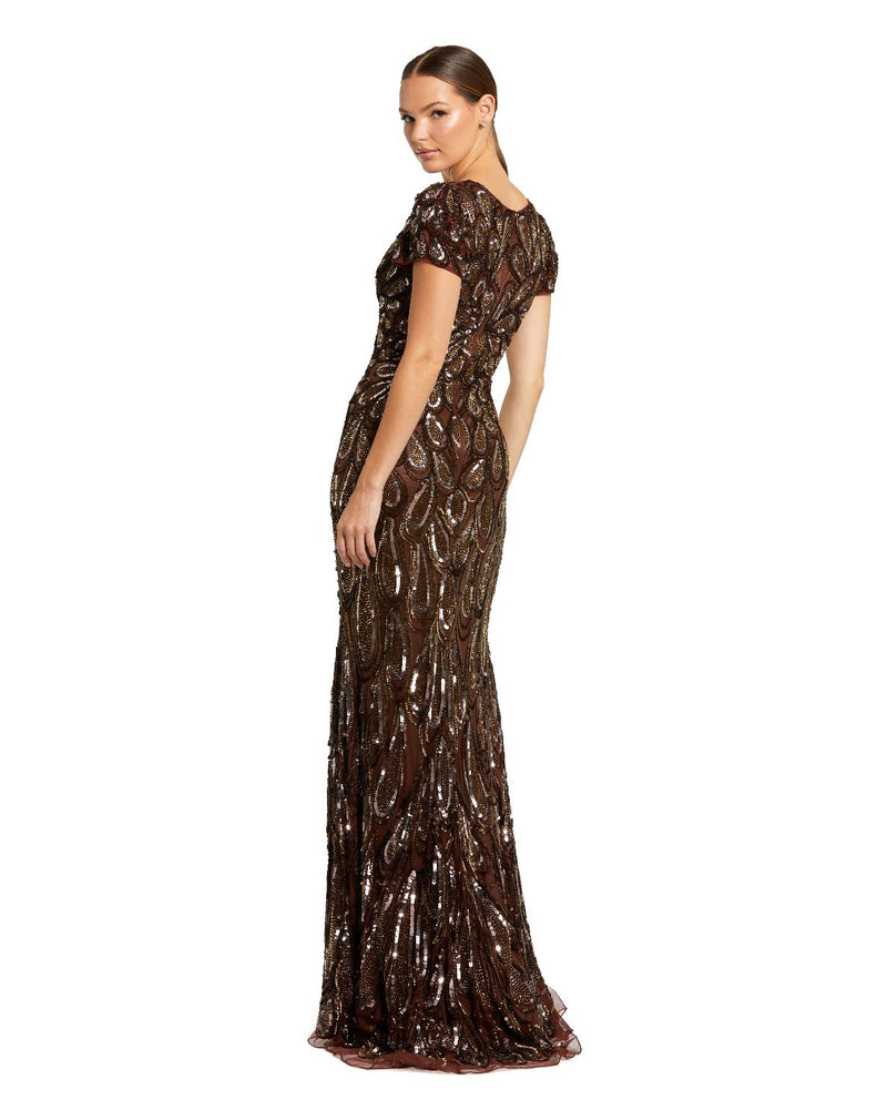 5243-Brown Beaded Embellished V Neck Cap Sleeve Column Gown by Mac Duggal in brown color for women in Singapore