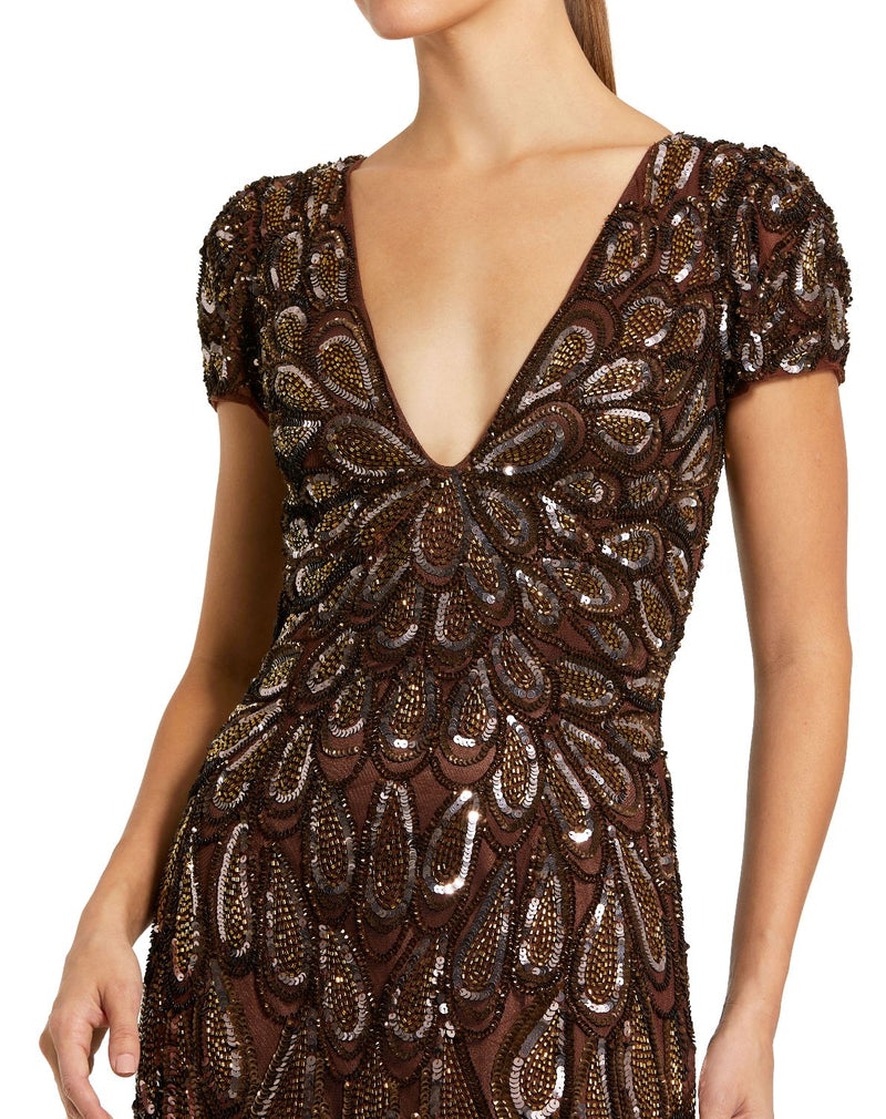 5243-Brown Beaded Embellished V Neck Cap Sleeve Column Gown by Mac Duggal in brown color for women in Singapore