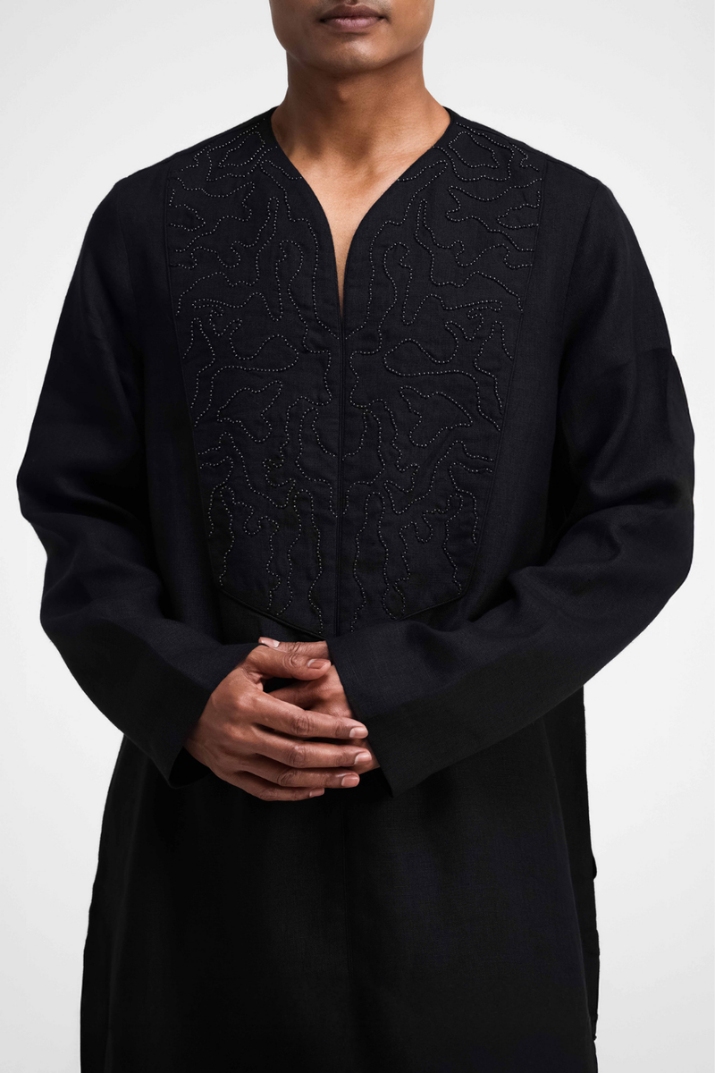 Linen Hand-Embroidered Co-ord Set linen by Turn Black in black color for men in Singapore