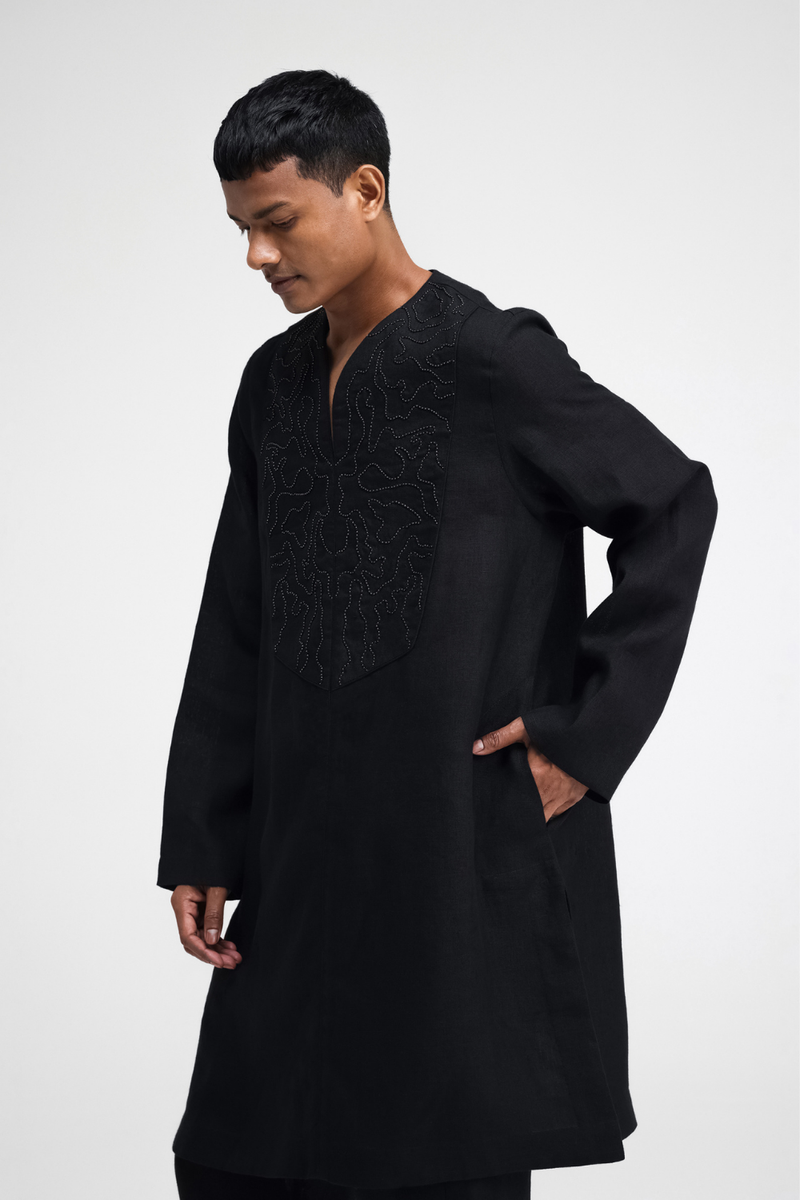 Linen Hand-Embroidered Co-ord Set linen by Turn Black in black color for men in Singapore