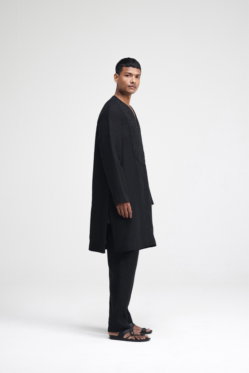 Linen Hand-Embroidered Co-ord Set linen by Turn Black in black color for men in Singapore
