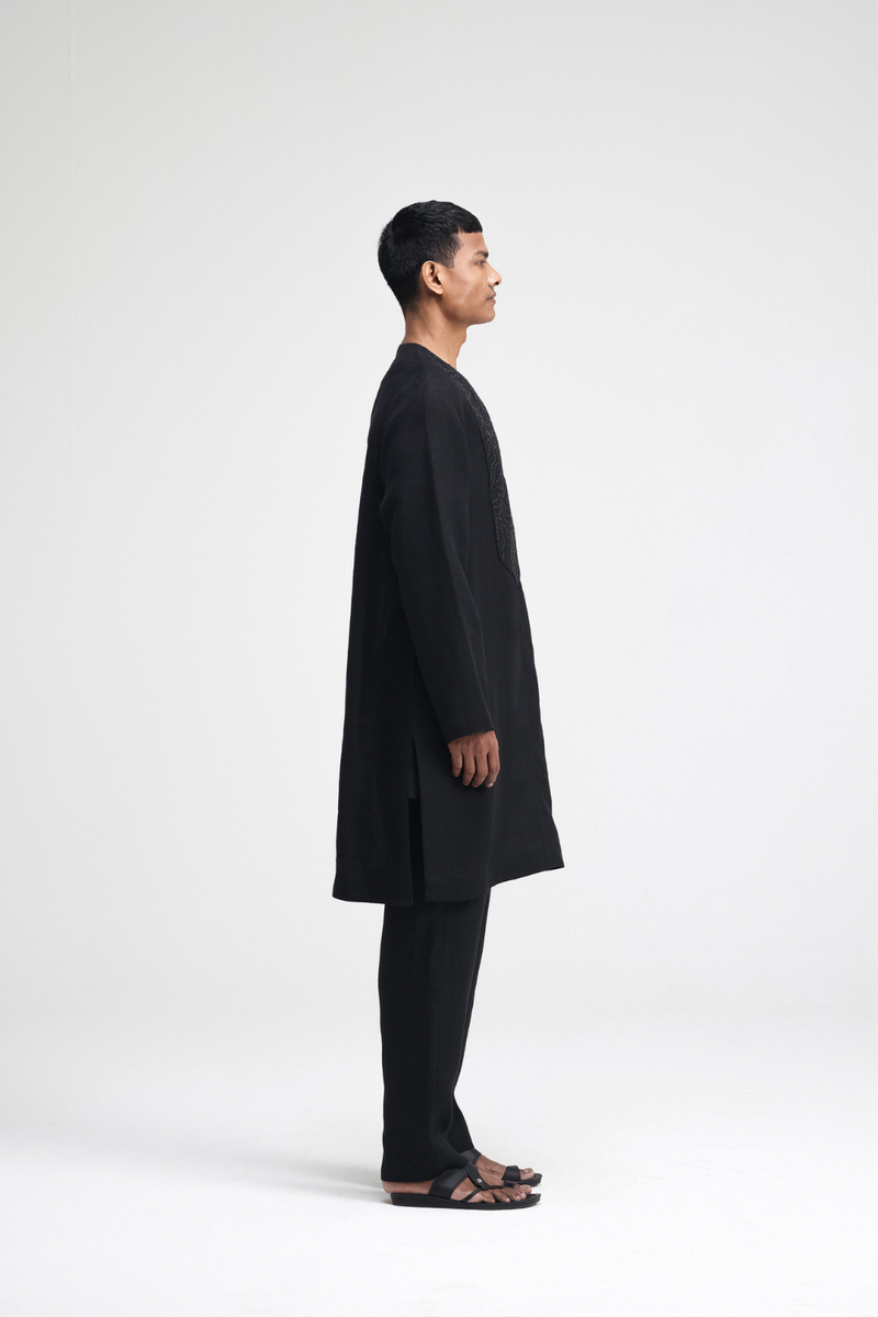 Linen Hand-Embroidered Co-ord Set linen by Turn Black in black color for men in Singapore