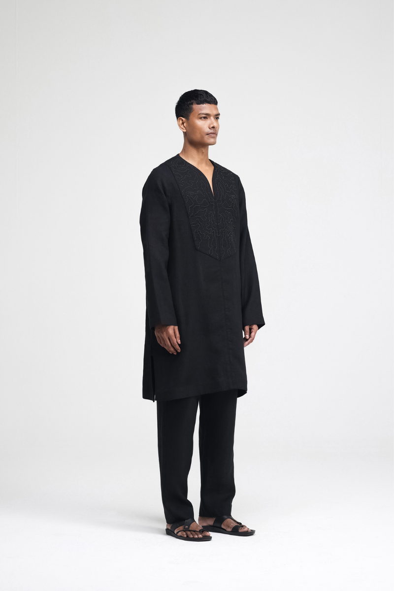 Linen Hand-Embroidered Co-ord Set linen by Turn Black in black color for men in Singapore