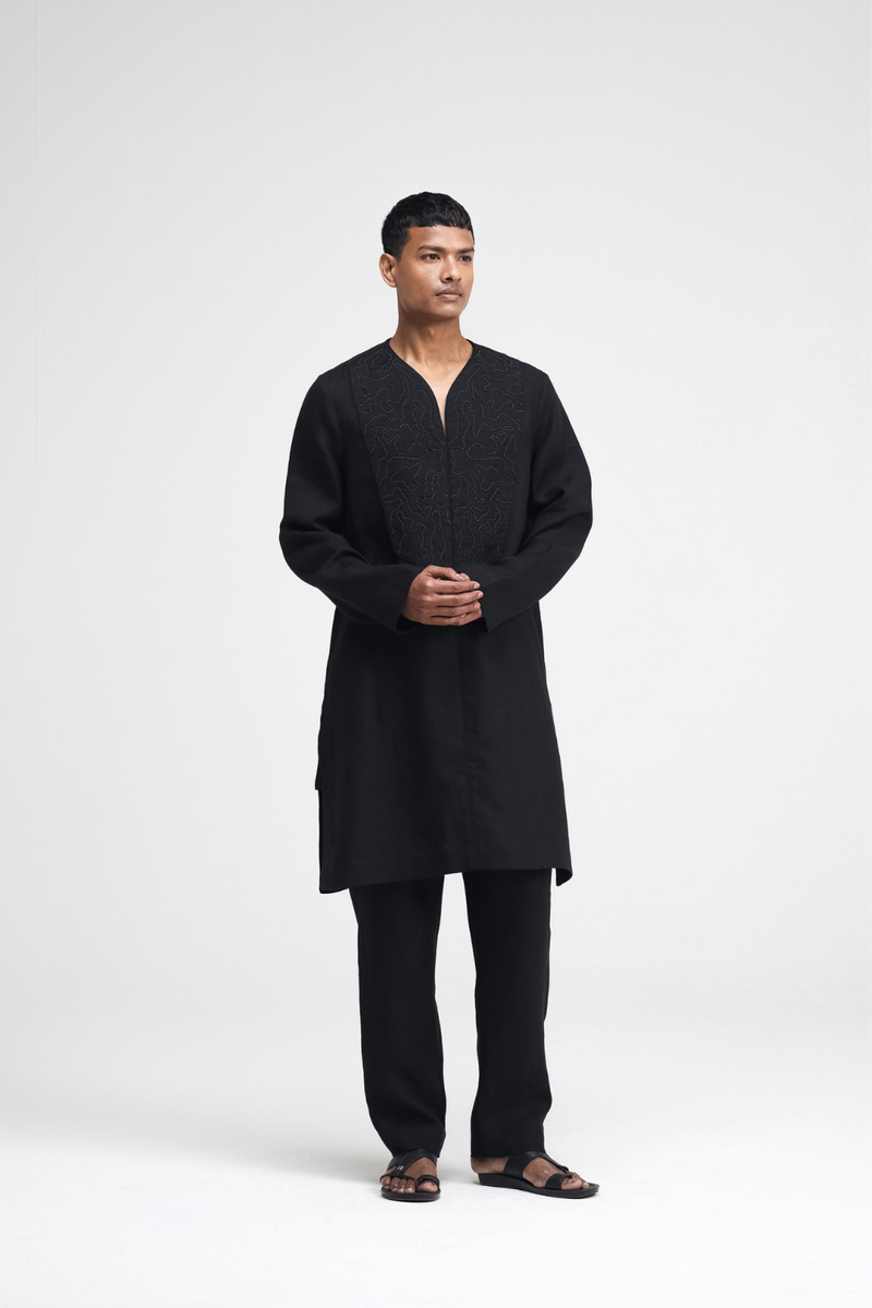 Linen Hand-Embroidered Co-ord Set linen by Turn Black in black color for men in Singapore