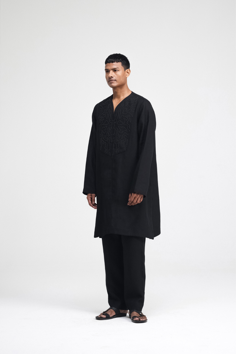 Linen Hand-Embroidered Co-ord Set linen by Turn Black in black color for men in Singapore