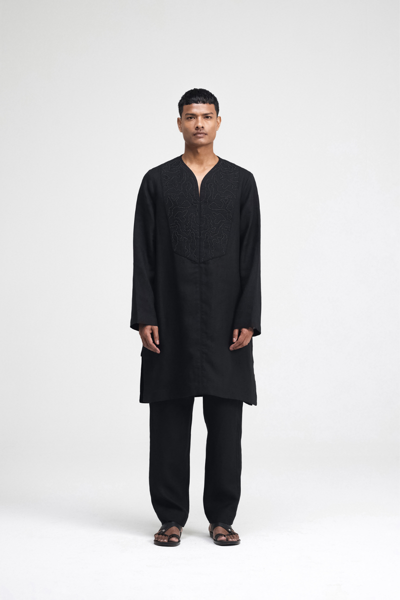 Linen Hand-Embroidered Co-ord Set linen by Turn Black in black color for men in Singapore