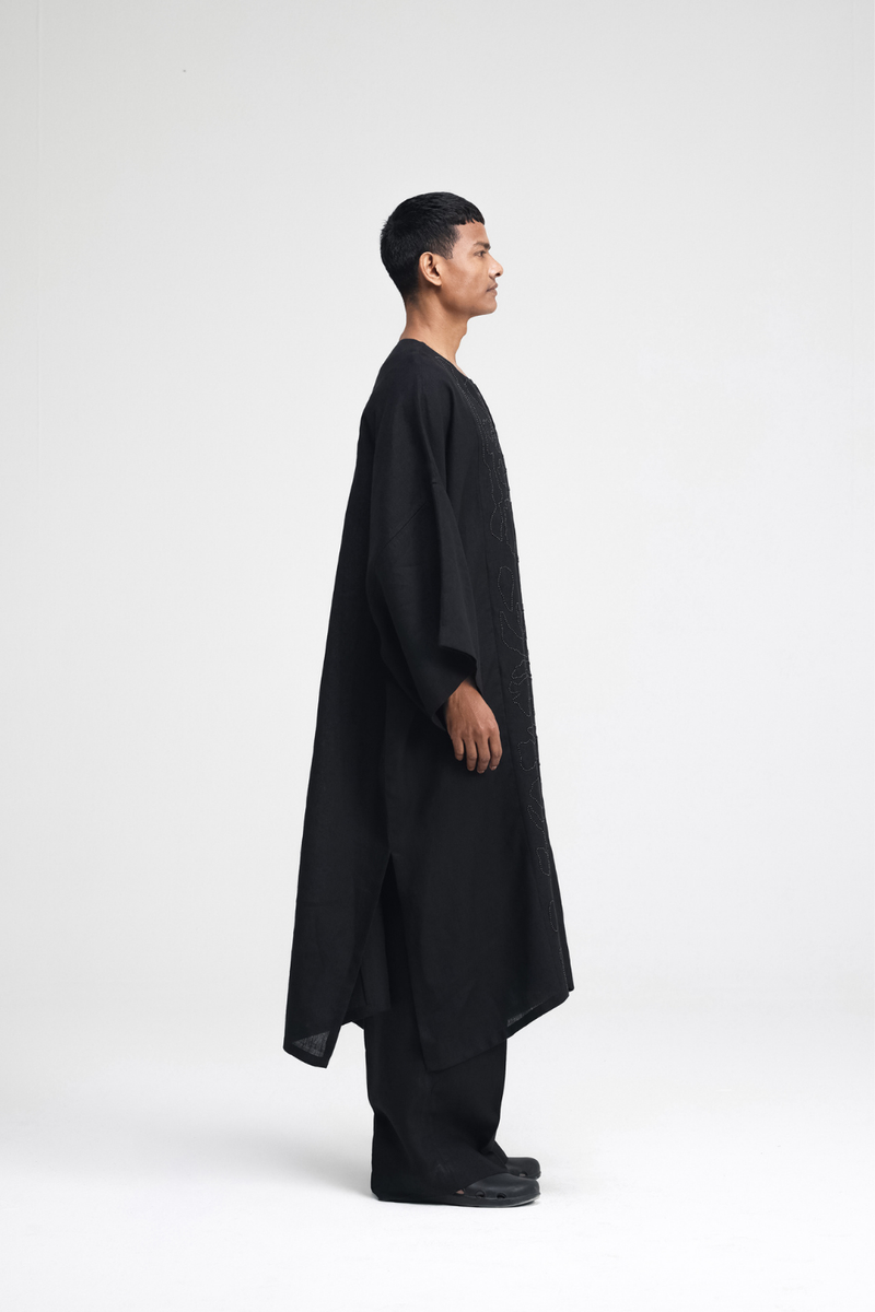 Daichi Hand-Embroidered Kaftan linen by Turn Black in black color for women in Singapore