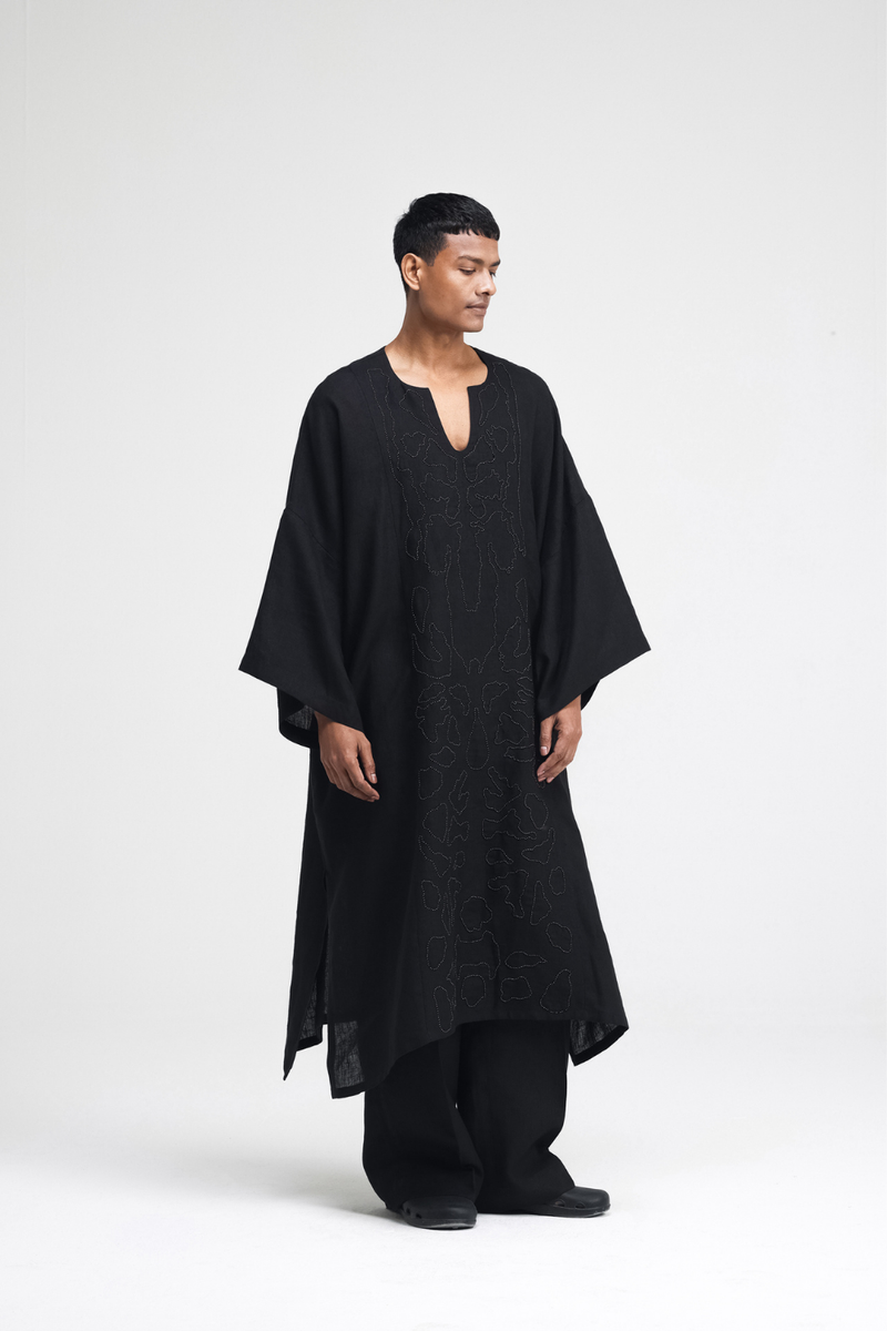 Daichi Hand-Embroidered Kaftan linen by Turn Black in black color for women in Singapore